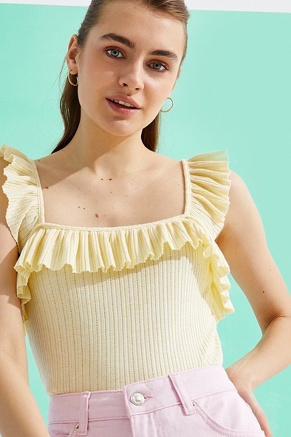 KOTON, Top striat cu bretele cu volane, galben pal