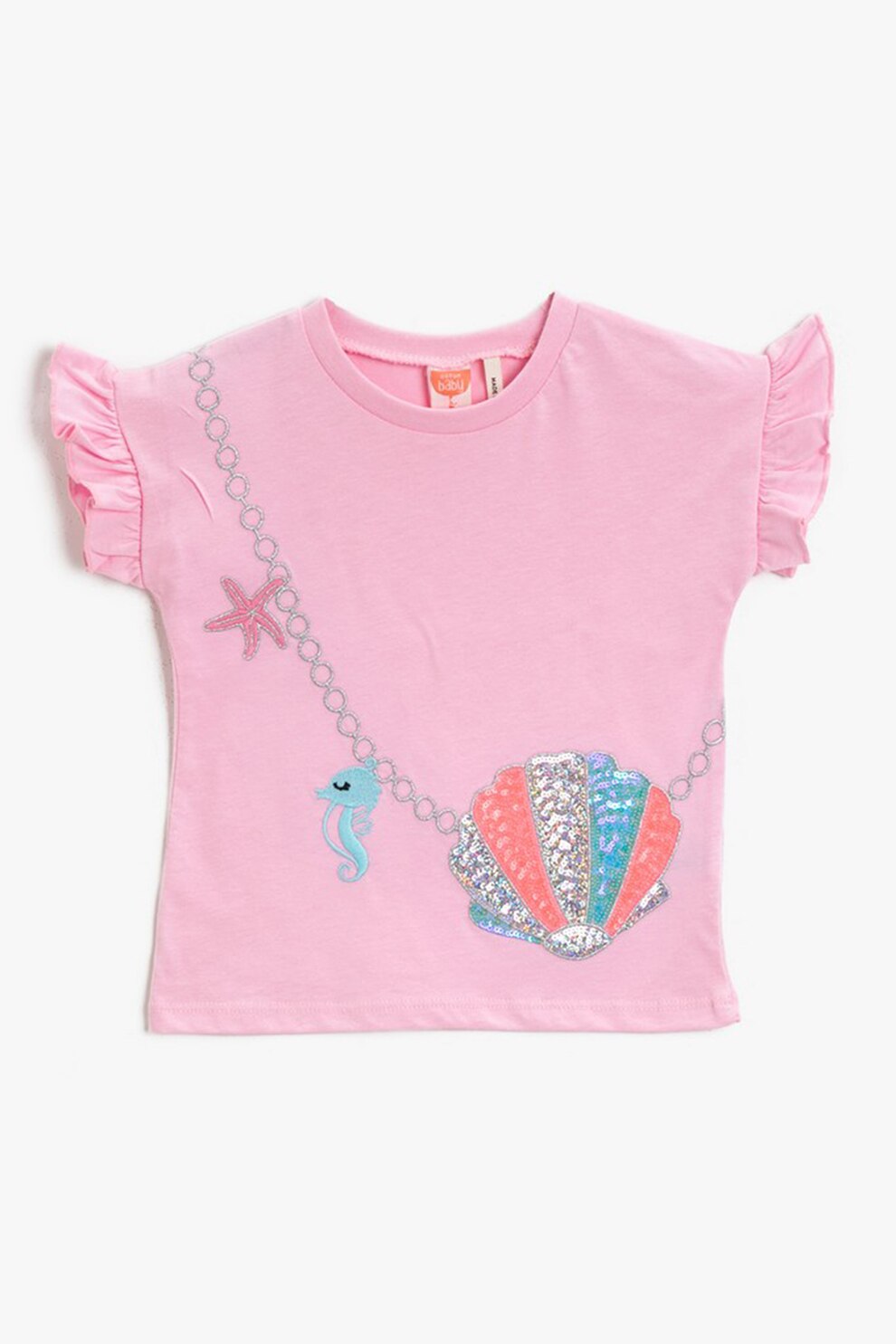 KOTON, Tricou cu decolteu la baza gatului si aplicatii cu paiete, Roz/Albastru/Argintiu