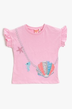 KOTON, Tricou cu decolteu la baza gatului si aplicatii cu paiete, Roz/Albastru/Argintiu KOTON, Tricou cu decolteu la baza gatului si aplicatii cu paiete, Roz/Albastru/Argintiu