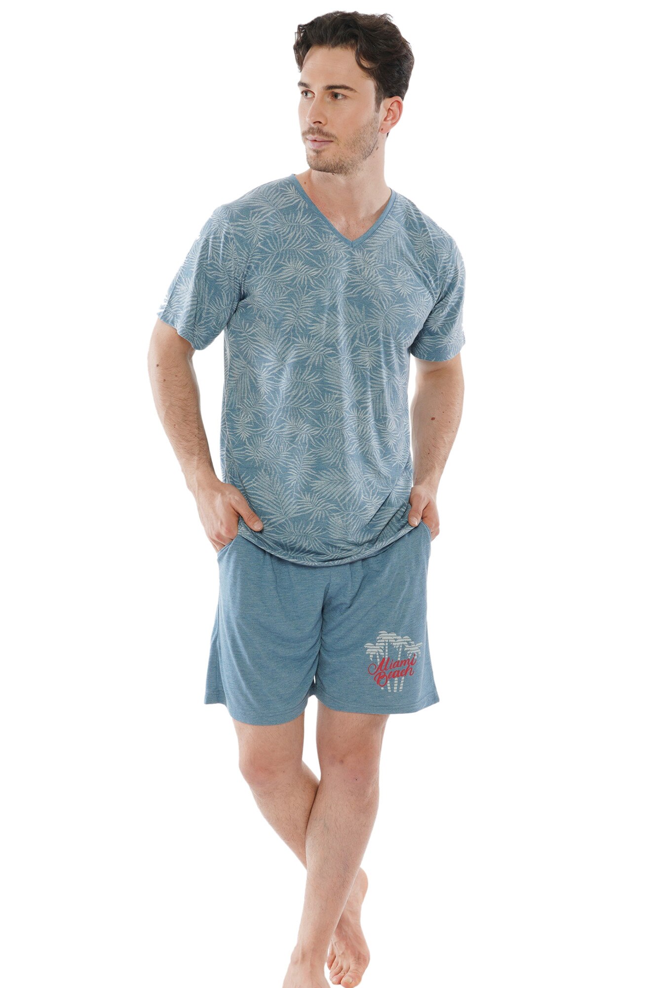 Pijama barbati Gazzaz by Vienetta, model Miami Beach, albastru melange