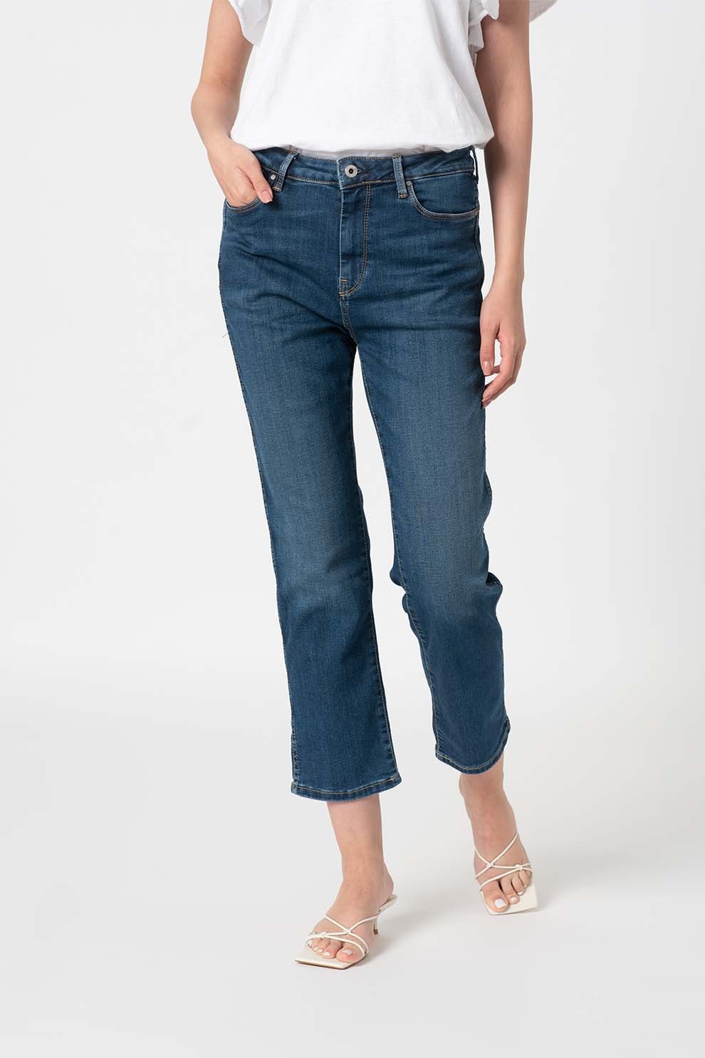 Pepe Jeans London, Blugi slim fit 3/4 cu talie inalta Dion, Bleumarin, 30