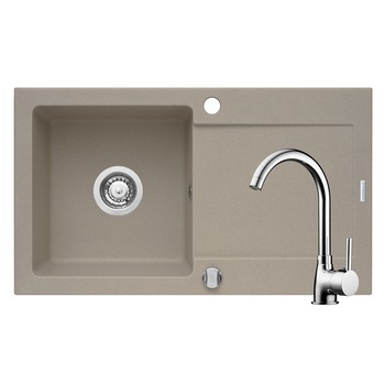 Pachet chiuveta granit Pyramis Magic + Baterie pipa inalta, 760x440 mm, adancime 170 mm, montare pe blat, cuva reversibila, Sand Beige Pachet chiuveta granit Pyramis Magic + Baterie pipa inalta, 760x440 mm, adancime 170 mm, montare pe blat, cuva reversibila, Sand Beige