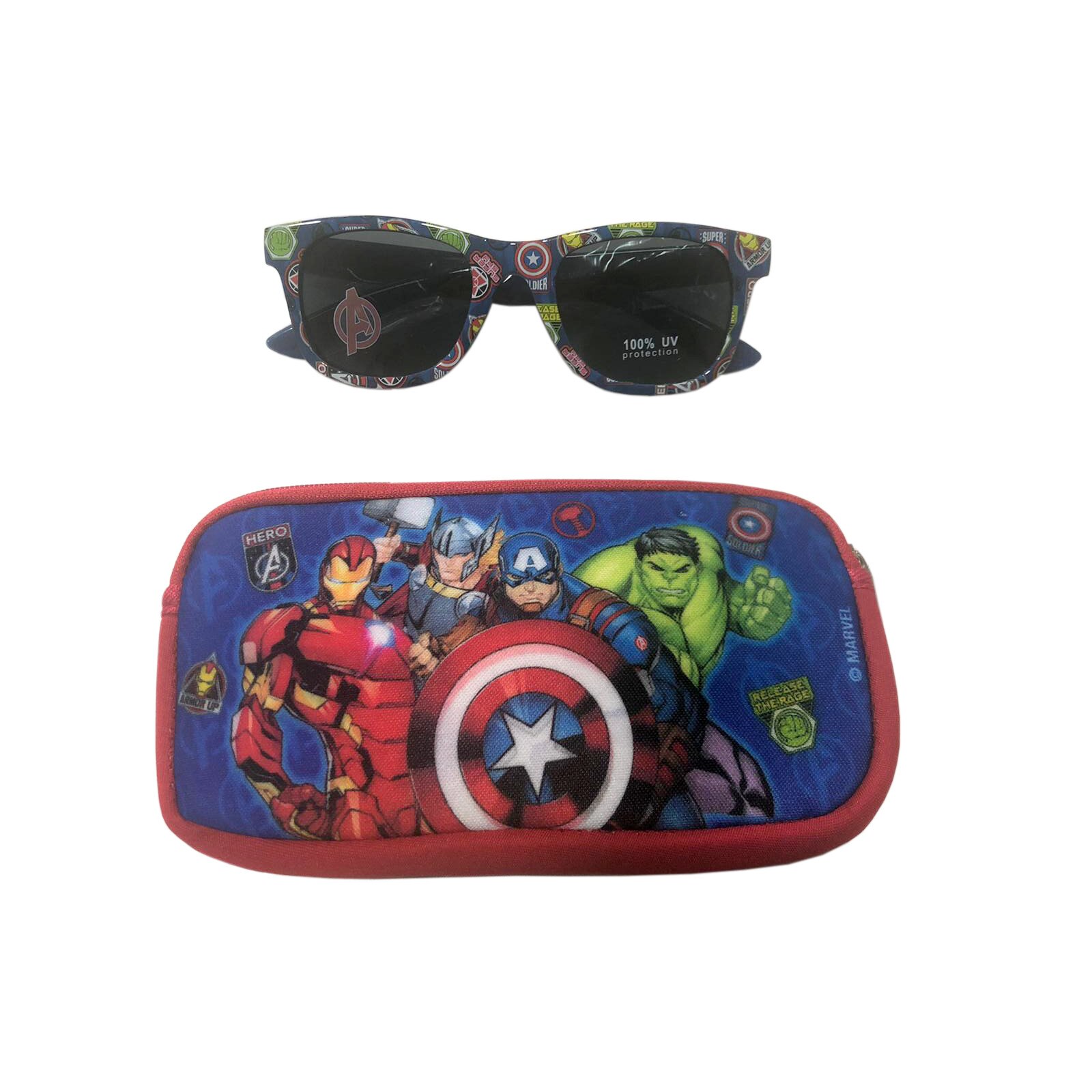 Set ochelari de soare si etui pentru copii, model Avengers, 100% protectie UV, +3 ani, Albastru Multicolor, BBL2273