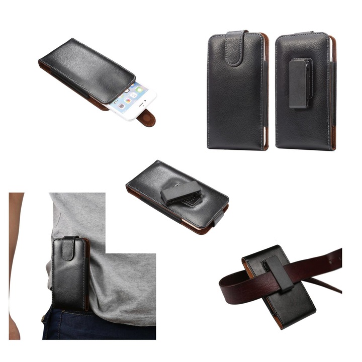 Калъф за телефон, съвместим с Blu Life View L110, с щипка за колан, въртящ се, закопчаване с магнит, естествена кожа, черен