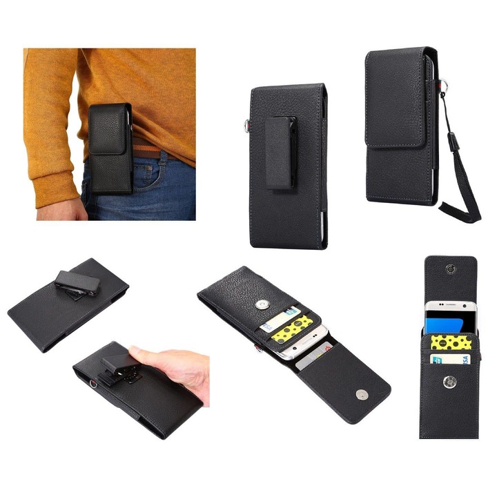 Калъф за телефон, съвместим с Leagoo Lead 3, с магнитно закопчаване и джоб за карта, ротация на 360°, синтетична кожа, черен