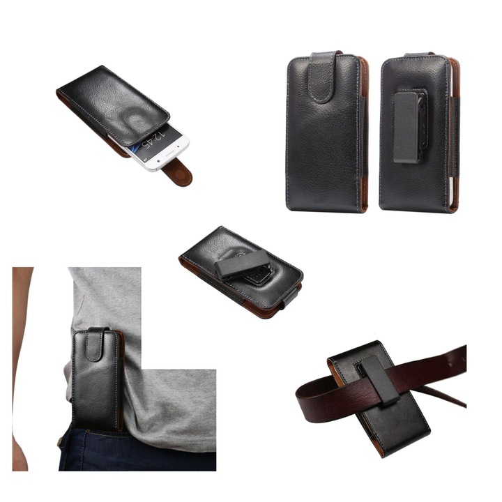 Калъф за телефон, съвместим с Posh Mobile Titan Hd E500, с щипка за колан, въртящ се, закопчаване с магнит, естествена кожа, черен