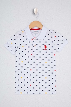 U.S. Polo Assn., Tricou polo din pique cu model geometric, Alb/Albastru inchis, 140-146 CM U.S. Polo Assn., Tricou polo din pique cu model geometric, Alb/Albastru inchis, 140-146 CM