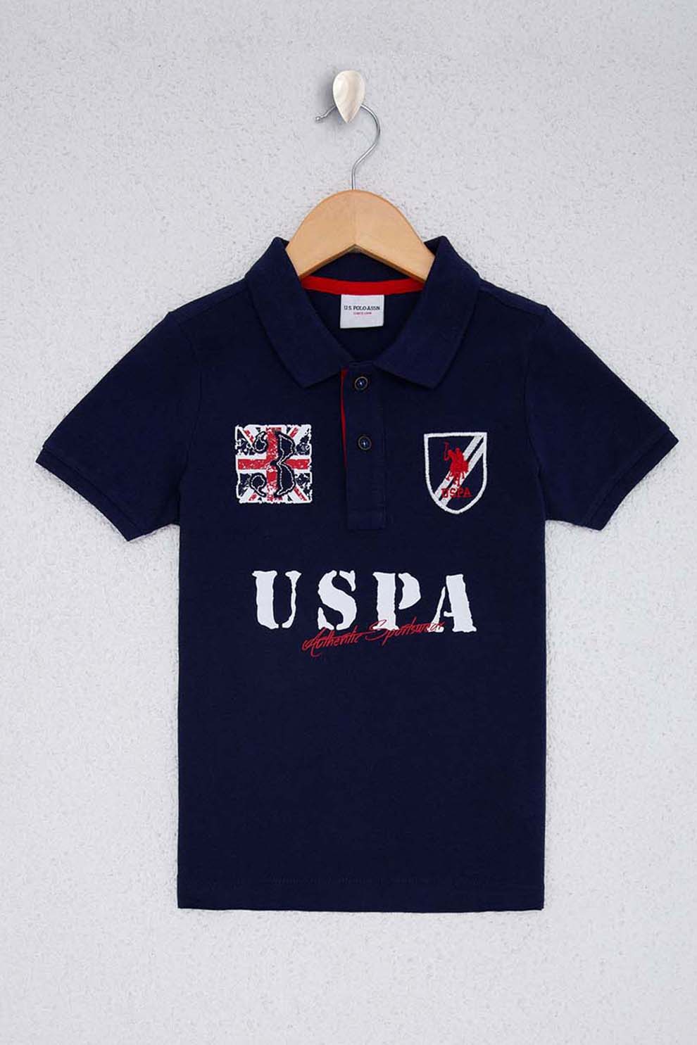 U.S. Polo Assn., Tricou polo din pique cu imprimeu logo supradimensionat, bleumarin inchis, alb