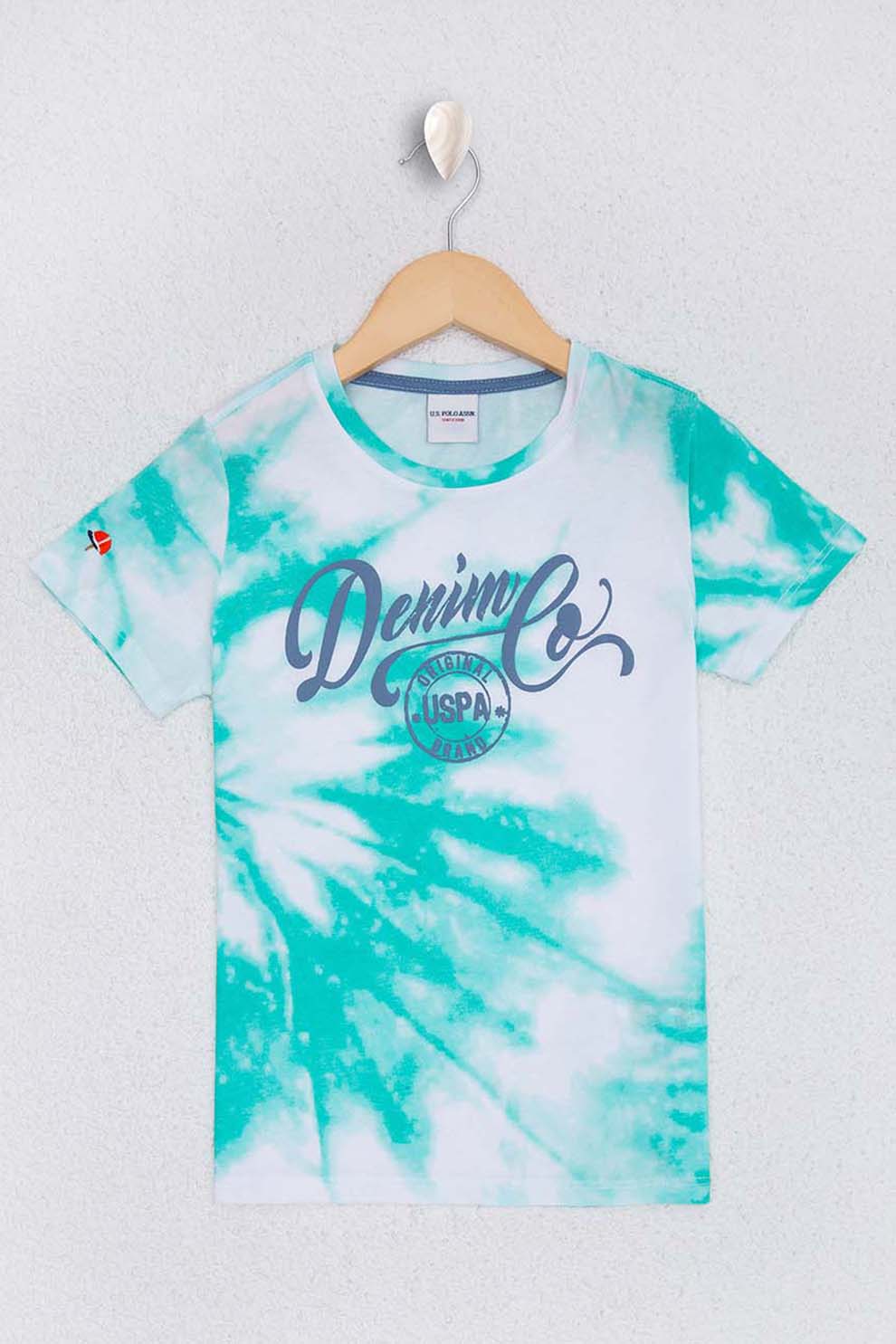 U.S. Polo Assn., Tricou cu decolteu la baza gatului si model tie-dye, Alb/Turcoaz