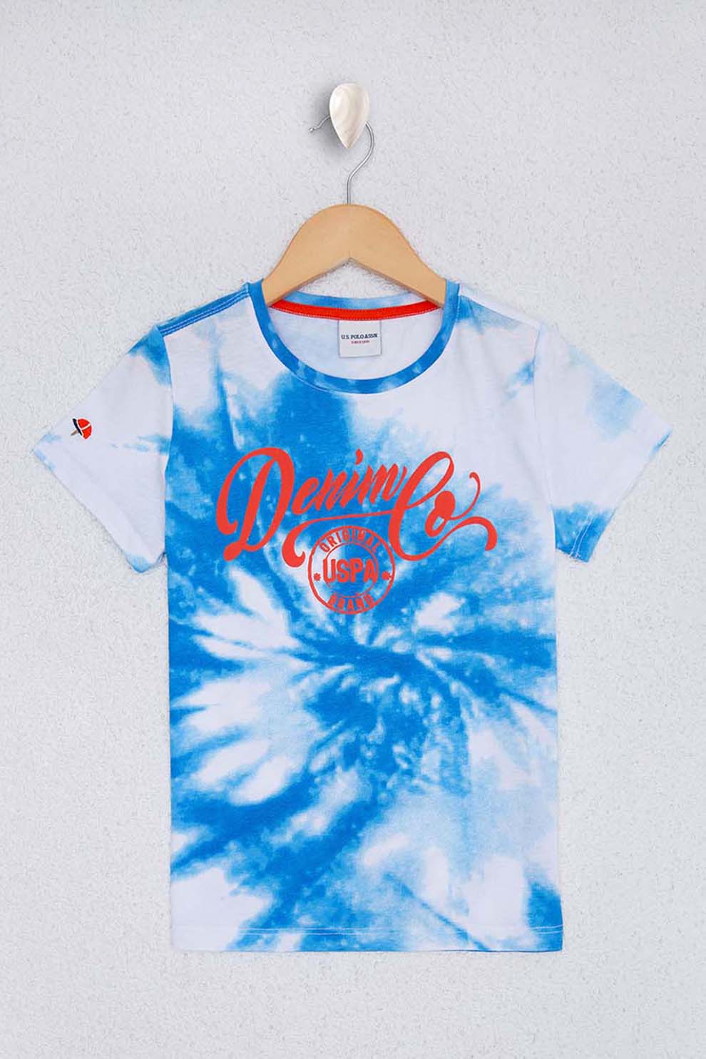 U.S. Polo Assn., Tricou cu decolteu la baza gatului si model tie-dye, Alb/Albastru