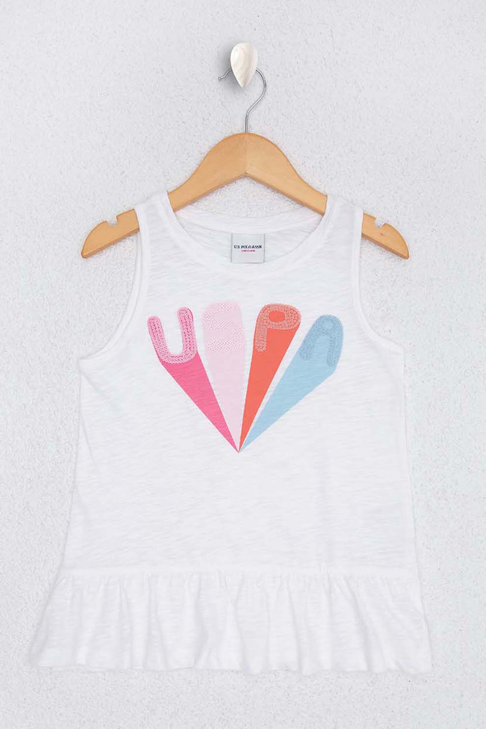 U.S. Polo Assn., Top cu volane si logo, Alb/Roz/Albastru
