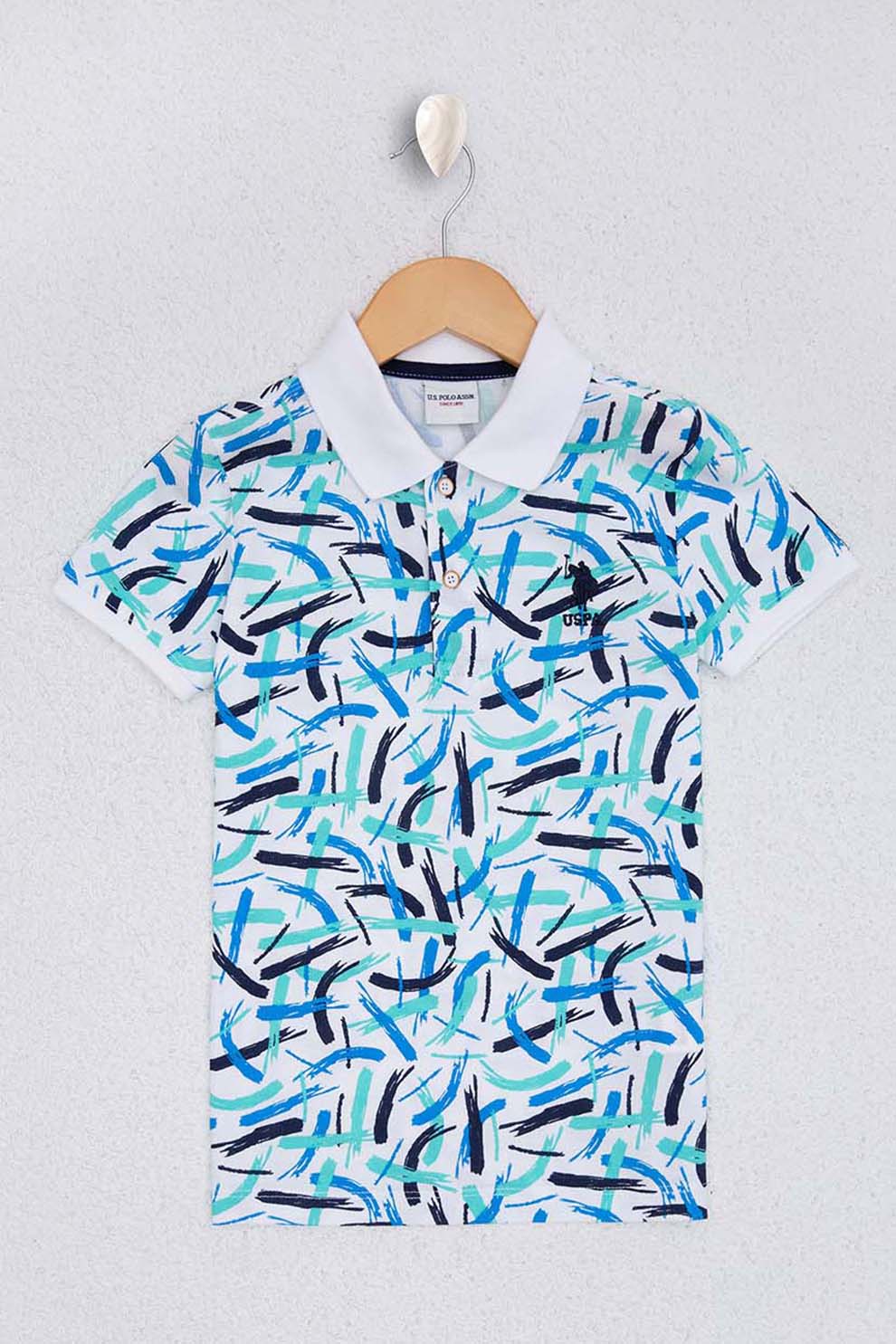 U.S. Polo Assn., Tricou polo cu imprimeu grafic, alb, albastru pastel, bleumarin