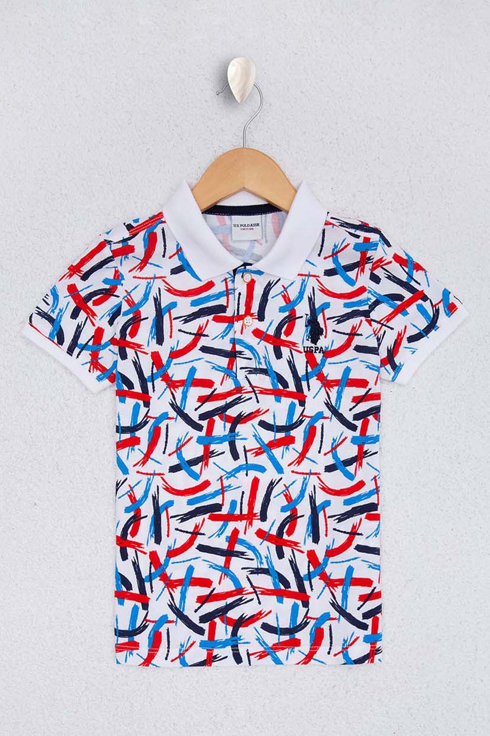 U.S. Polo Assn., Tricou polo cu imprimeu grafic, Alb/Albastru/Rosu