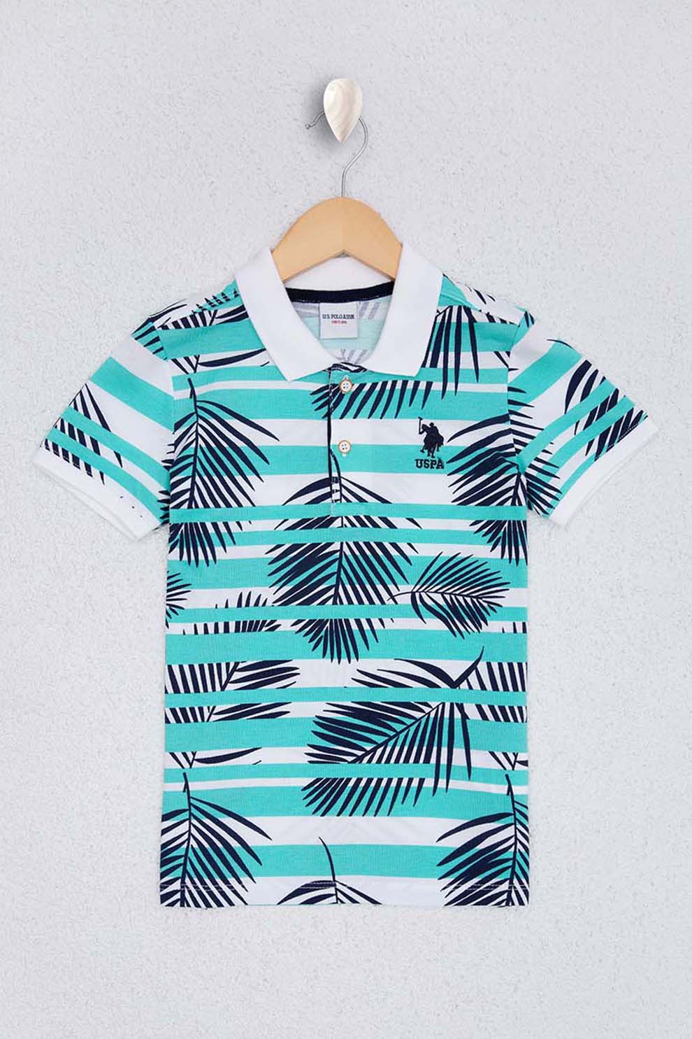 U.S. Polo Assn., Tricou polo cu model tropical si dungi, Albastru aquamarin/Bleumarin/Alb