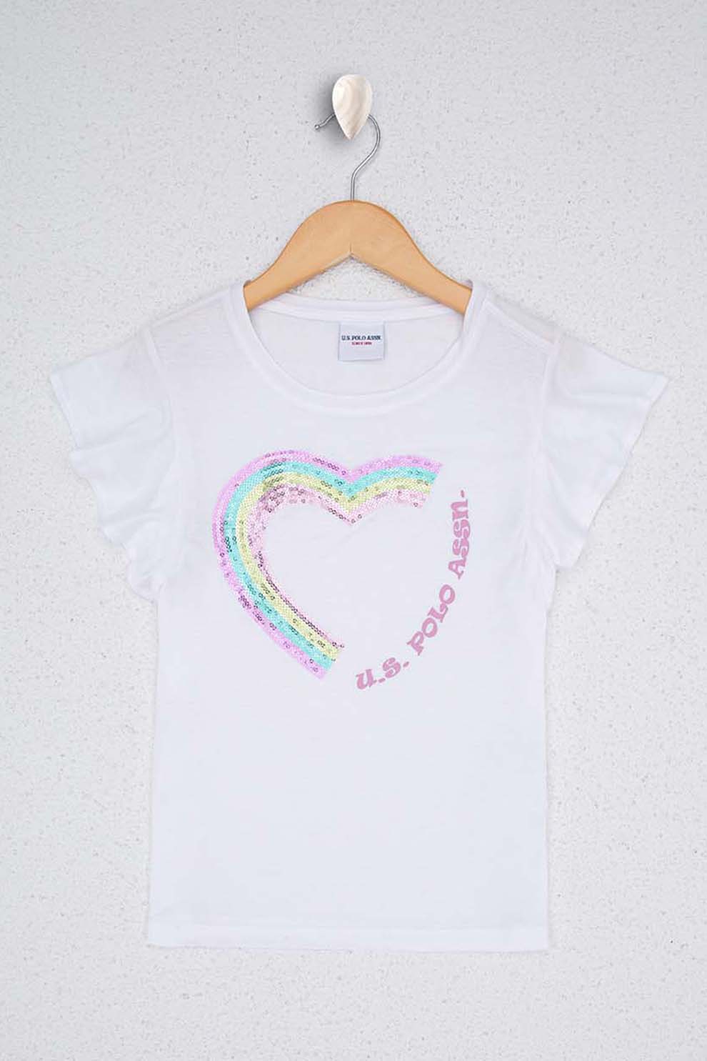 U.S. Polo Assn., Tricou cu maneci cu paiete si model cu fluturi, Alb