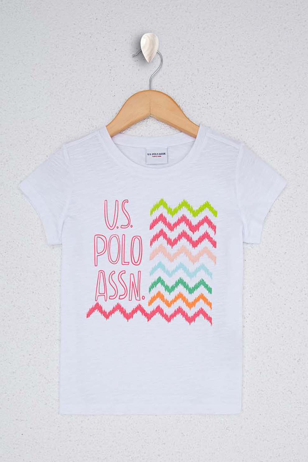 U.S. Polo Assn., Tricou de bumbac cu motive din chevron, Alb/Roz