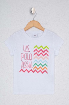 U.S. Polo Assn., Tricou de bumbac cu motive din chevron, Alb/Roz U.S. Polo Assn., Tricou de bumbac cu motive din chevron, Alb/Roz