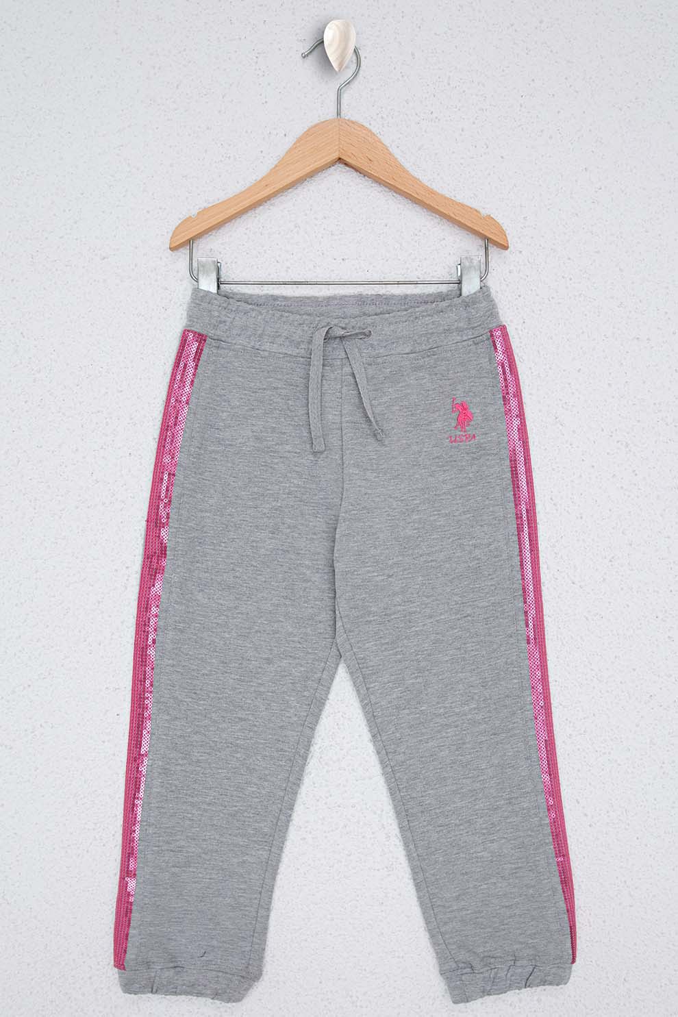 U.S. Polo Assn., Pantaloni sport cu snur si peiete in lateral, Gri melange/Roz