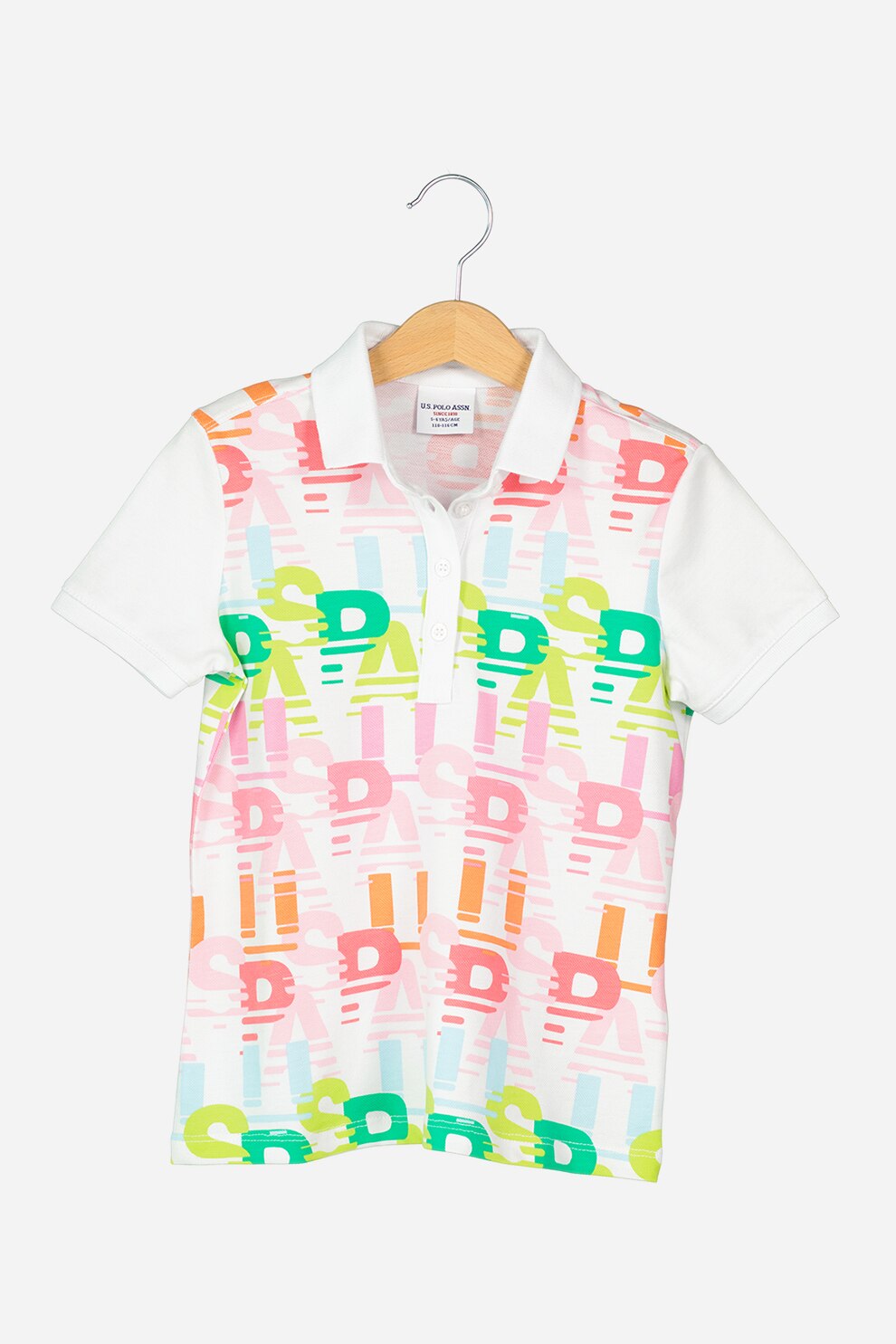 U.S. Polo Assn., Tricou polo cu imprimeu logo, Alb/Roz/Verde