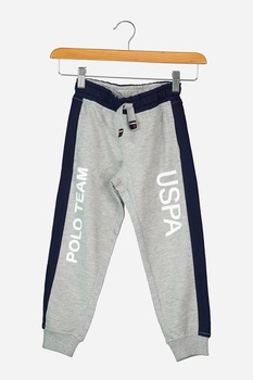 U.S. Polo Assn., Pantaloni sport cu snur si logo, Gri melange/Bleumarin, 146-152 CM U.S. Polo Assn., Pantaloni sport cu snur si logo, Gri melange/Bleumarin, 146-152 CM