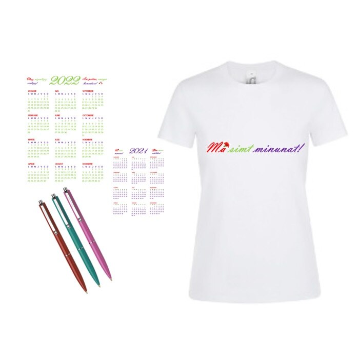 Pachet 1 tricou, 3 pixuri si 1 calendar, Sols alb, dama, marime M, personalizat cu text in culori rosu, verde si mov