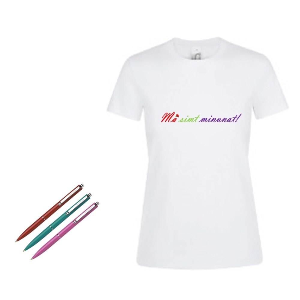 Pachet 1 tricou si 3 pixuri, Sols alb, dama, marime M, personalizat cu text in culori rosu, verde si mov