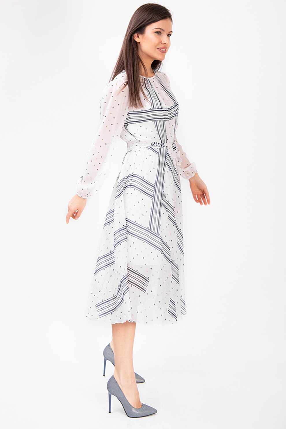 Couture de Marie, Rochie midi cu dungi si buline Eden, Alb/Albastru indigo