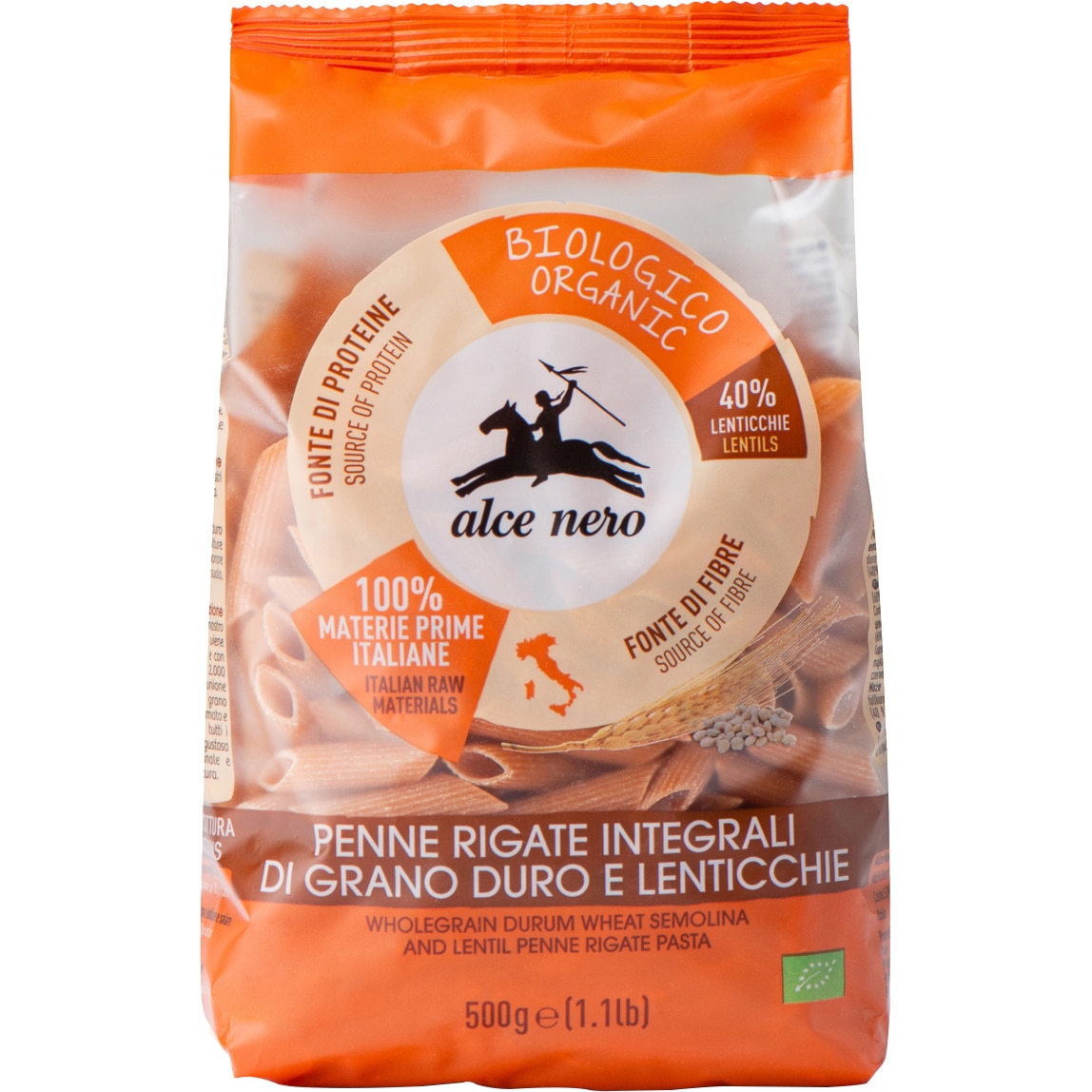 Paste penne grau integral si linte BIO Alce Nero, 500g