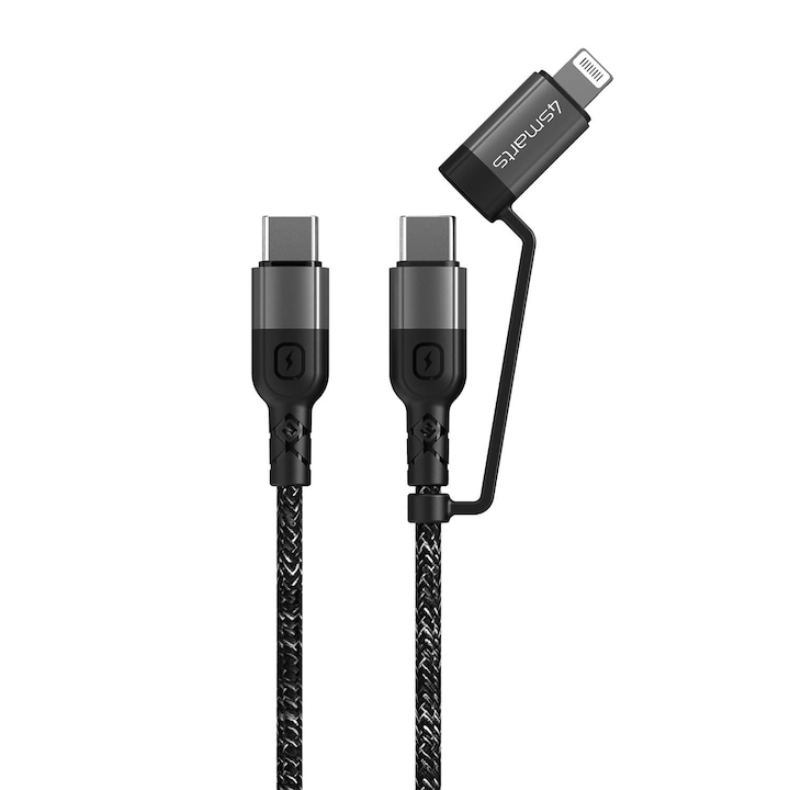 Cablu multifunctional de calitate USB-C la USB-C sau Lightning 150 cm, 4smarts ComboCord CL USB-C to USB-C and Lightning Cable, negru