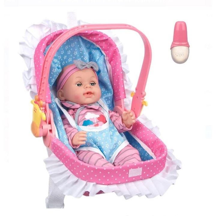Set suport si papusa bebe pentru fetite, 42 x 20 cm, face pipi, scoate 10 sunete, biberon si baterii incluse