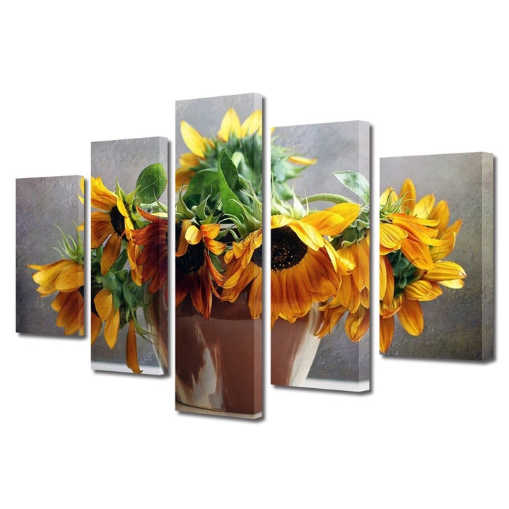 Tablou Multicanvas 5 Piese Flori, Floarea soarelui in vaza, 100 x 175 cm