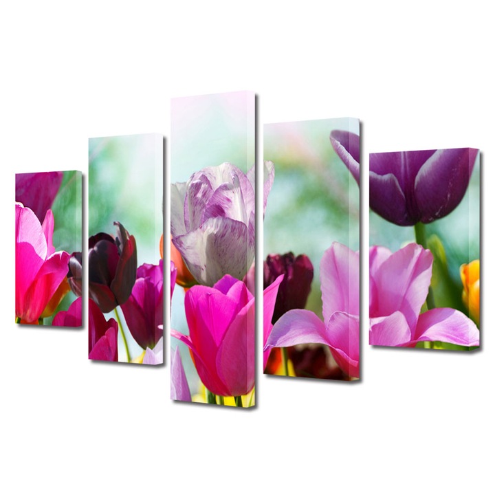 Tablou Multicanvas 5 Piese Flori, Lalele Violet, 120 x 225 cm