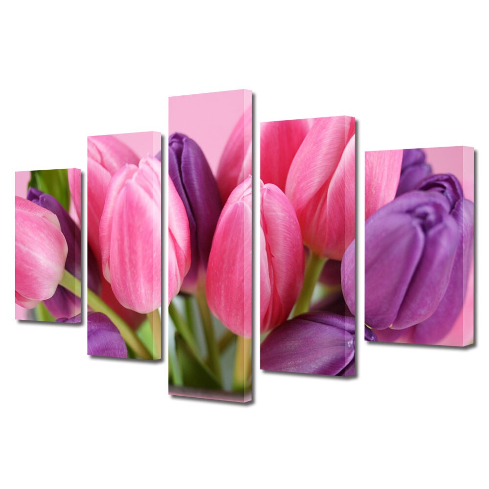 Set Tablouri Multicanvas 5 Piese Flori, Lalele violet si roz, 70 x 125 cm