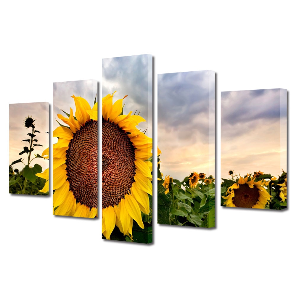 Set Tablouri Multicanvas 5 Piese Flori, Camp de floarea soarelui, 70 x 125 cm