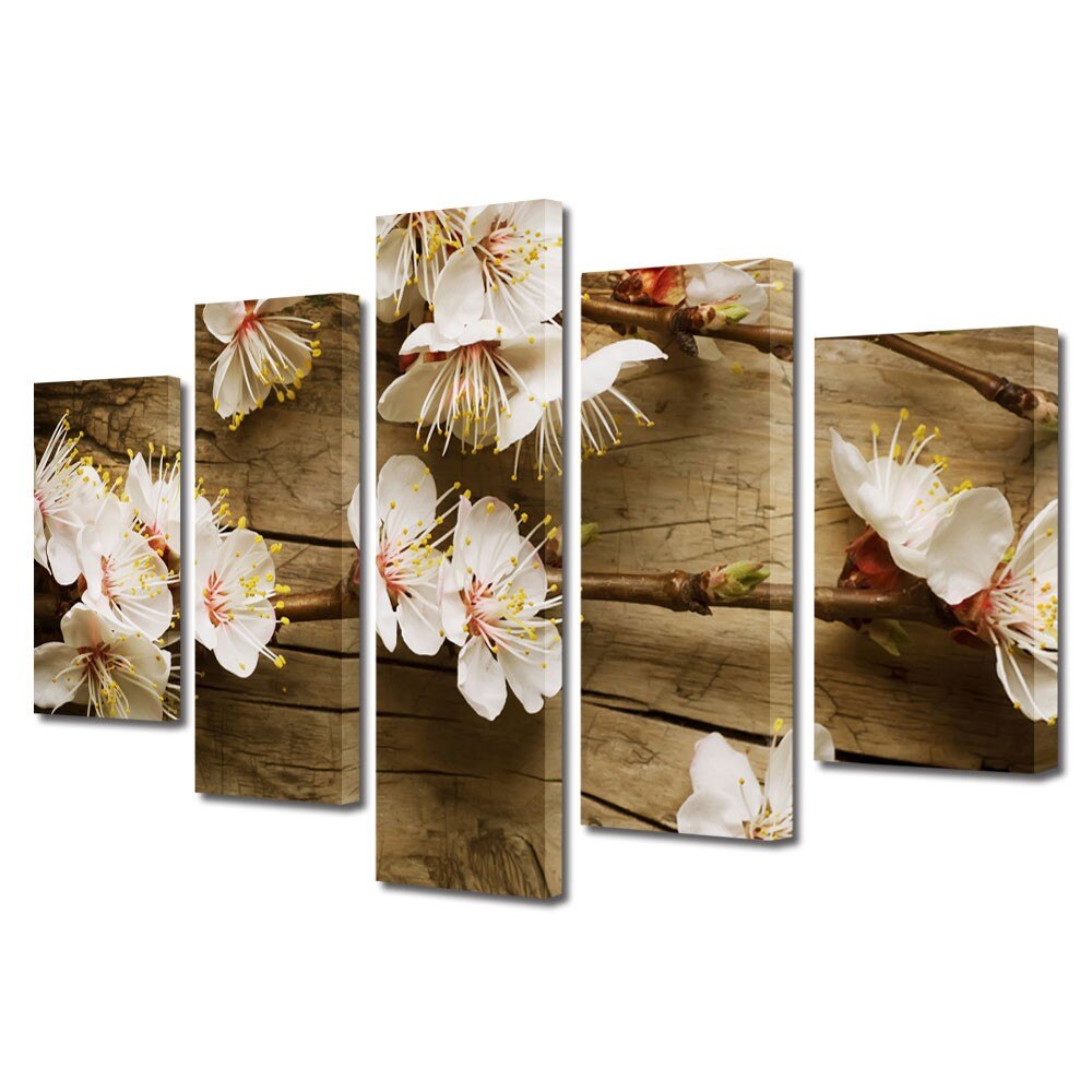 Tablou Multicanvas 5 Piese Flori, Flori albe, 80 x 150 cm