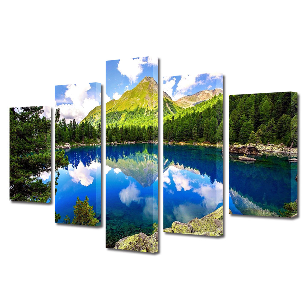 Set Tablouri Multicanvas 5 Piese Flori, Lac montan, 70 x 125 cm