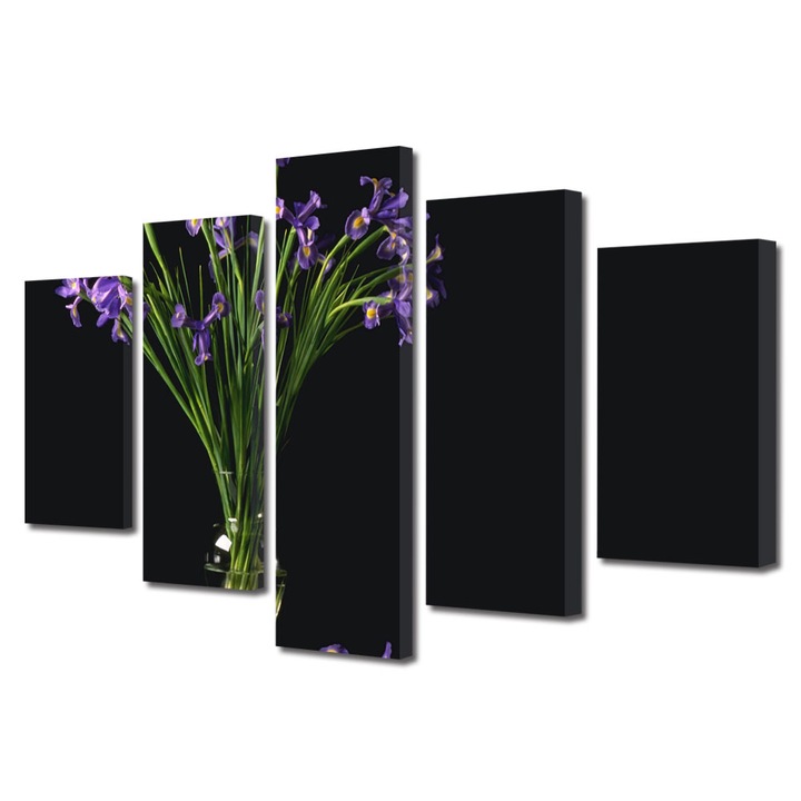 Tablou Multicanvas 5 Piese Flori, Flori mov in vaza, 120 x 225 cm