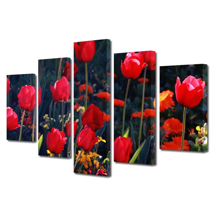 Tablou Multicanvas 5 Piese Flori, Lalele in gradina, 120 x 225 cm