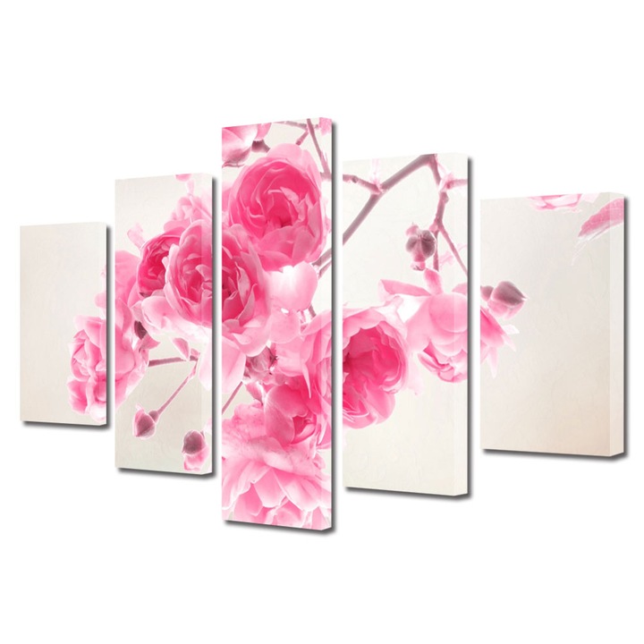 Tablou Multicanvas 5 Piese Flori, Frandafiri roz de gradina, 120 x 225 cm