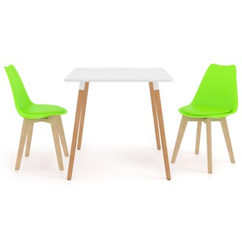 Set de masa de bucatarie cu blat alb si 2 scaune cu sezut tapitat, vidaXL, Piele artificiala, 80 x 80 x 75 cm, Verde deschis Set de masa de bucatarie cu blat alb si 2 scaune cu sezut tapitat, vidaXL, Piele artificiala, 80 x 80 x 75 cm, Verde deschis