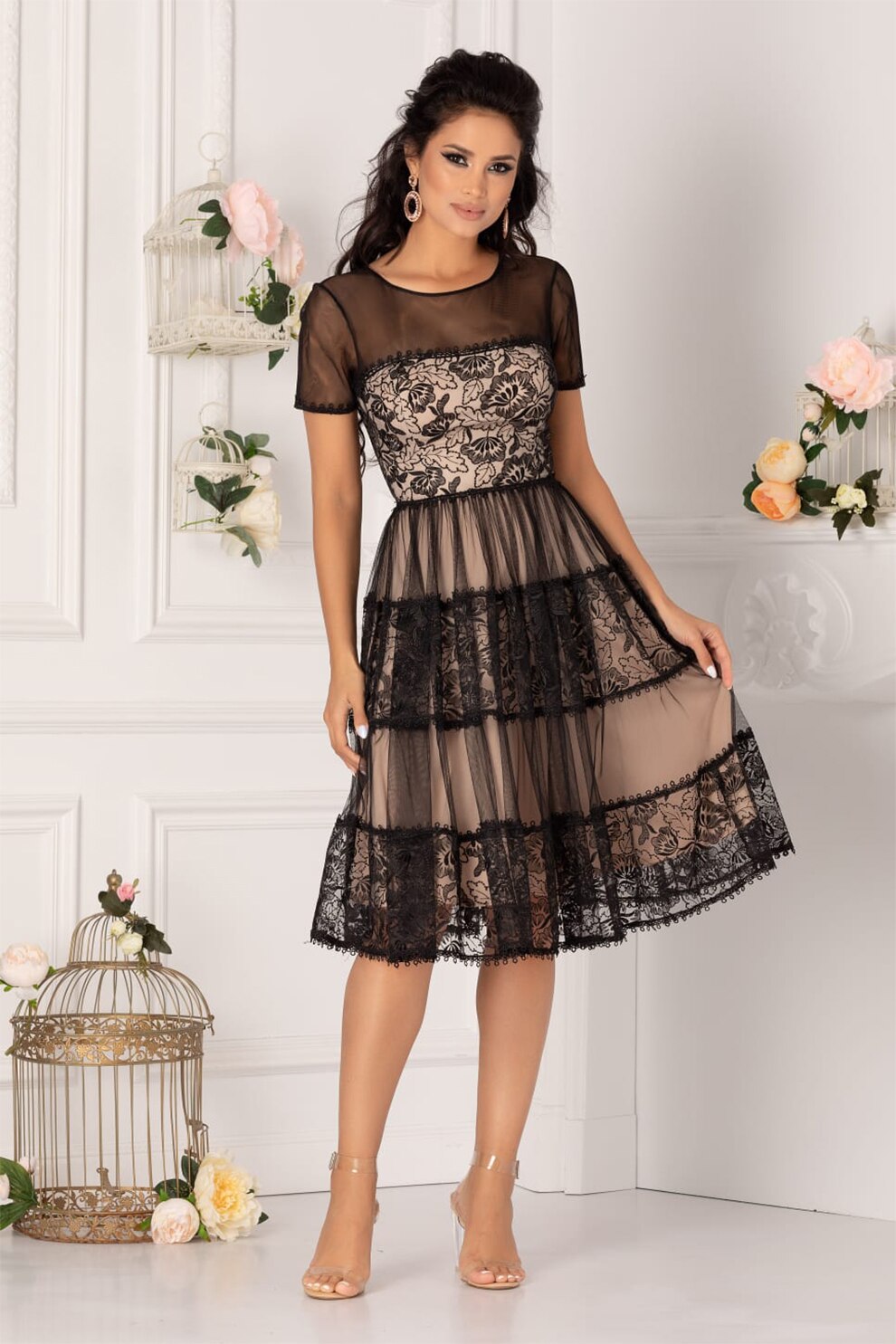 BAROCCA, Rochie midi evazata cu broderii, Negru/Roz prafuit