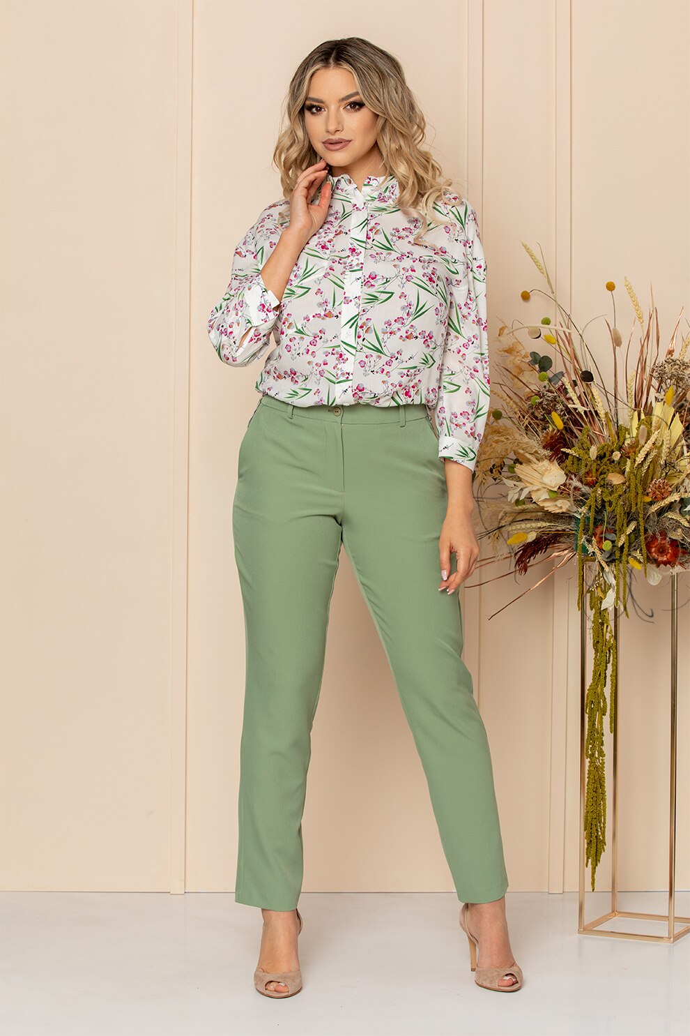 BAROCCA, Camasa cu imprimeu floral si maneci cazute, Alb/Verde/Roz