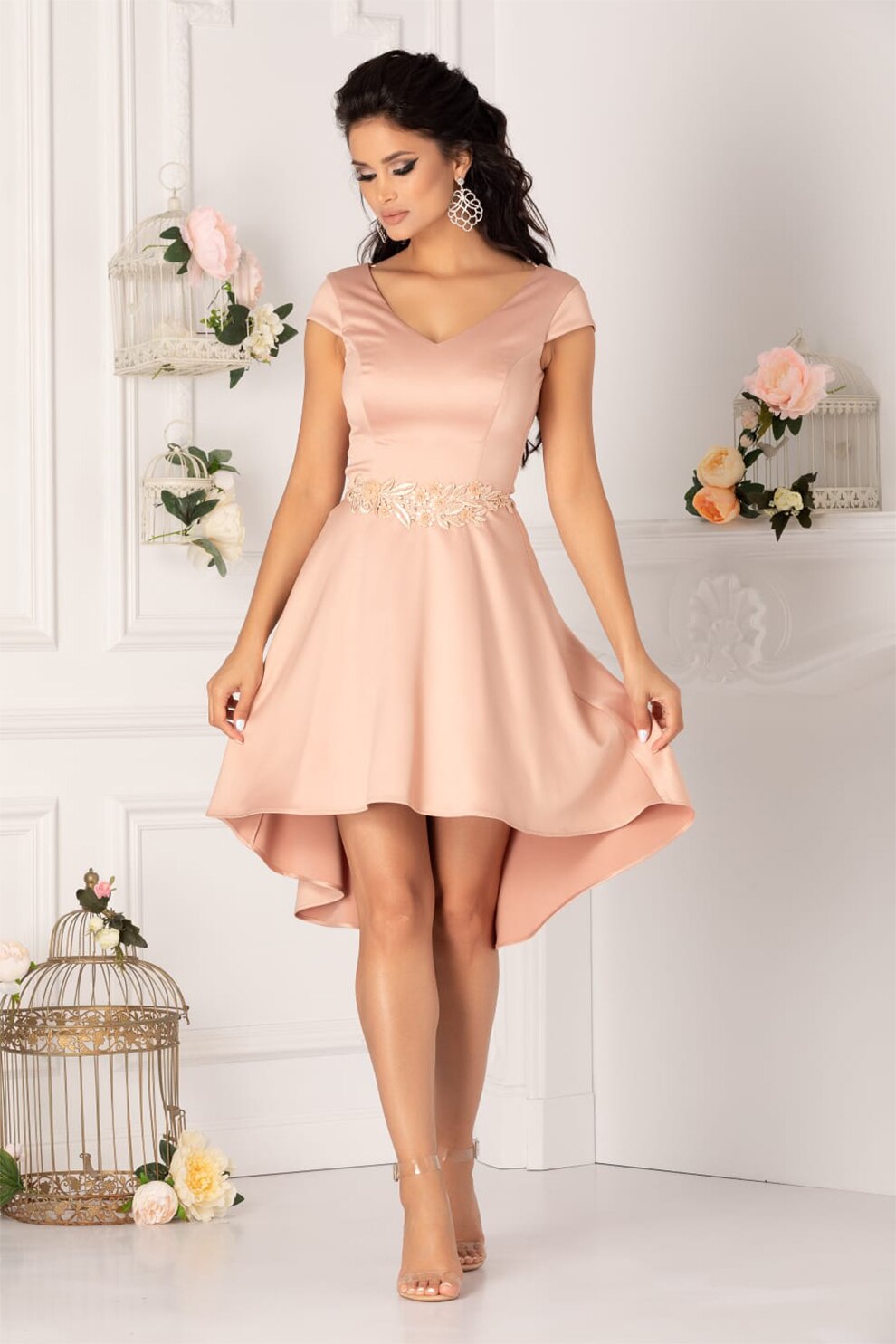BAROCCA, Rochie mini evazata cu decolteu in V, Roz somon