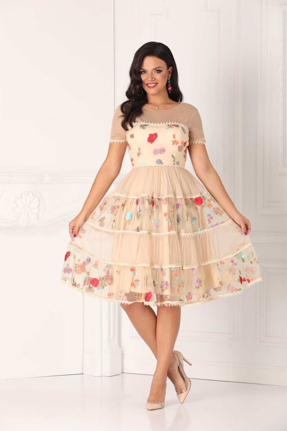 BAROCCA, Rochie midi evazata cu broderii, Piersica