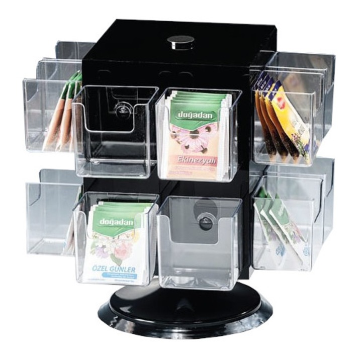 Suport rotativ RAKI policarbonat-acril pliculete ceai 16 compartimente h26cm