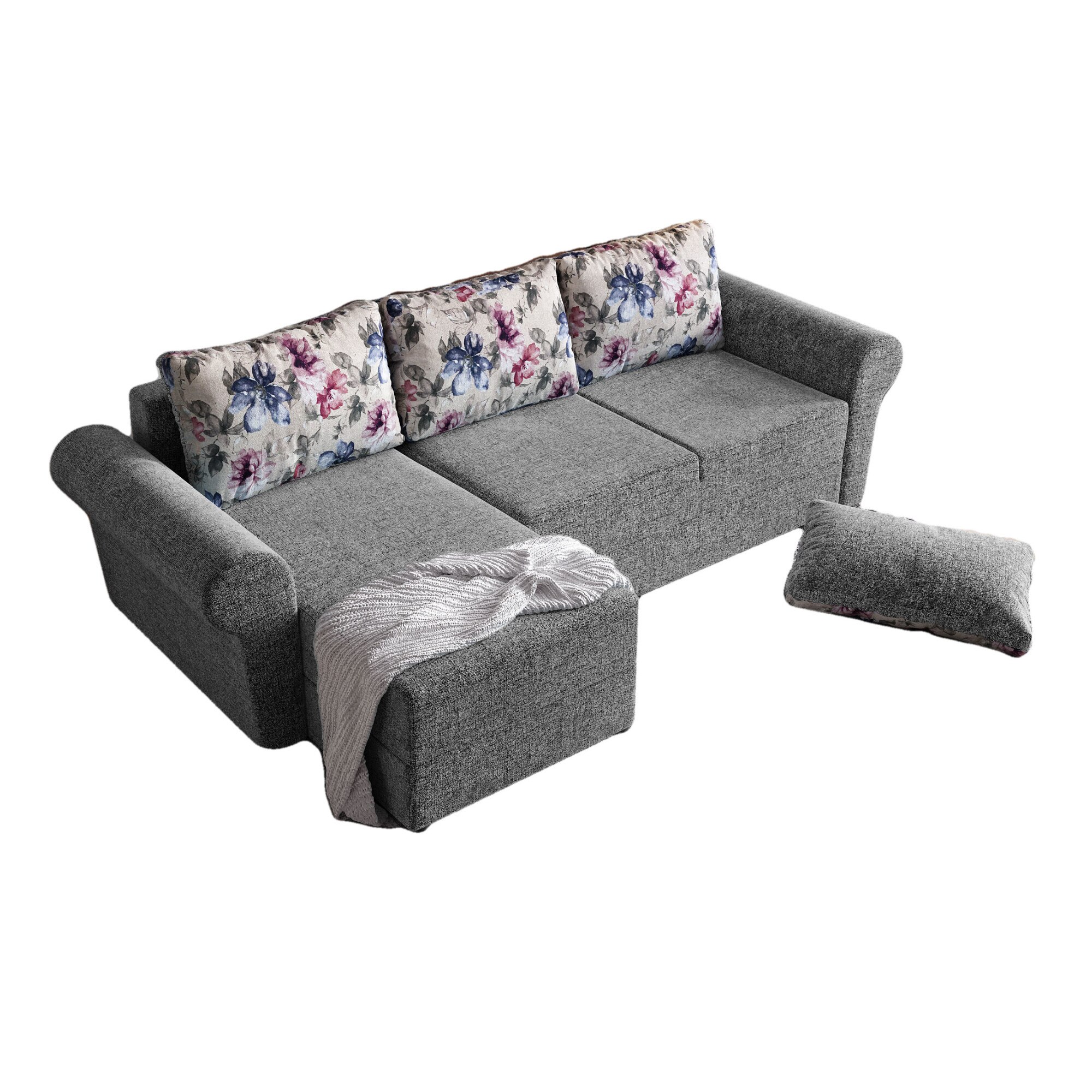 Coltar Bonito, extensibil, cu lada depozitare, stofa, 260 x 140 cm, Gri