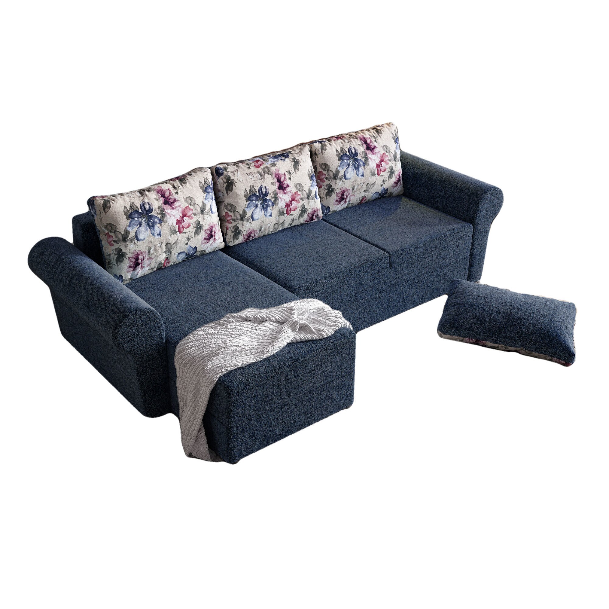 Coltar Bonito, extensibil, cu lada depozitare, stofa, 260 x 140 cm, Bleumarin