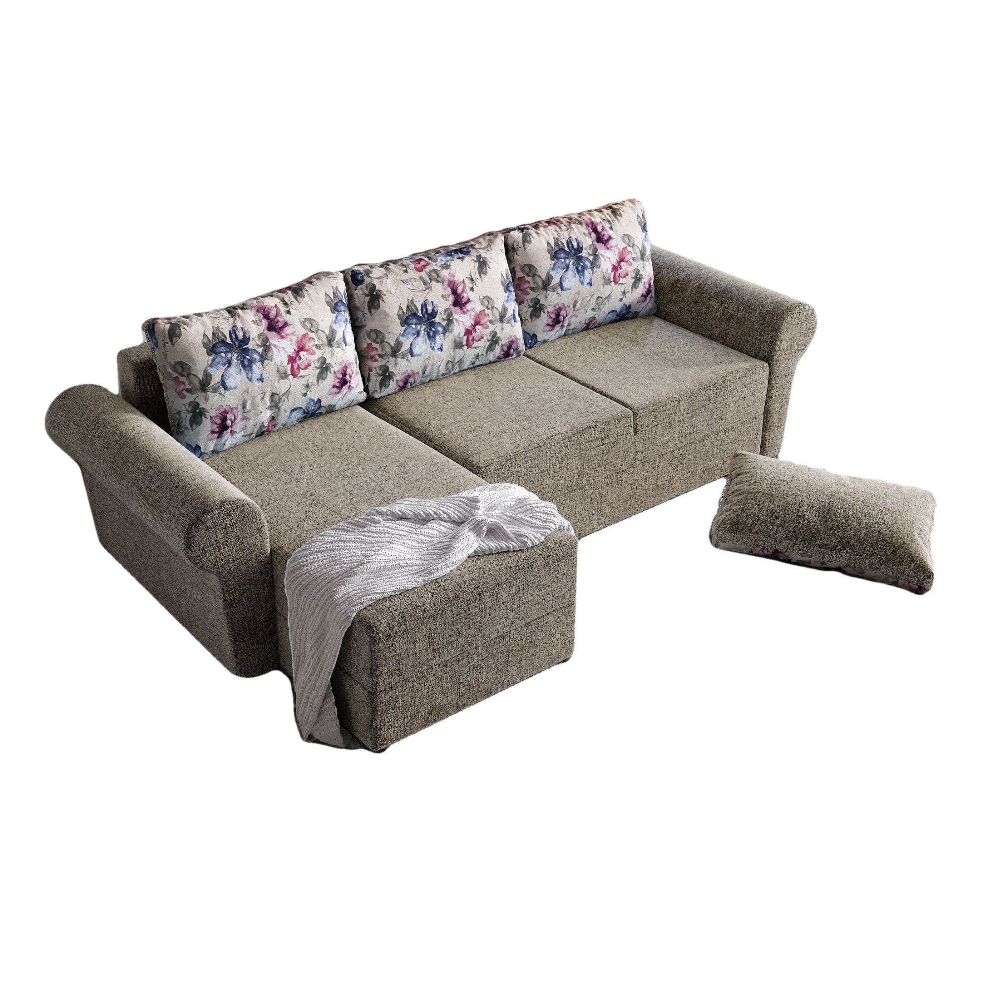 Coltar Bonito, extensibil, cu lada depozitare, stofa, 260 x 140 cm, Crem