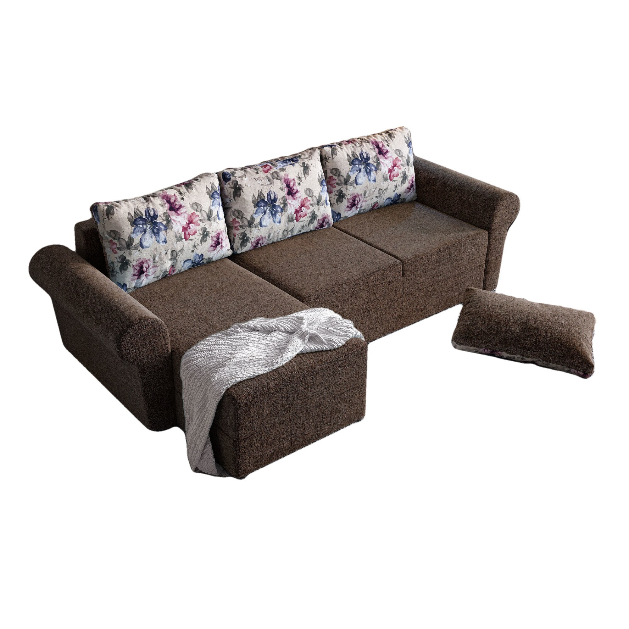 Coltar Bonito, extensibil, cu lada depozitare, stofa, 260 x 140 cm, Maro