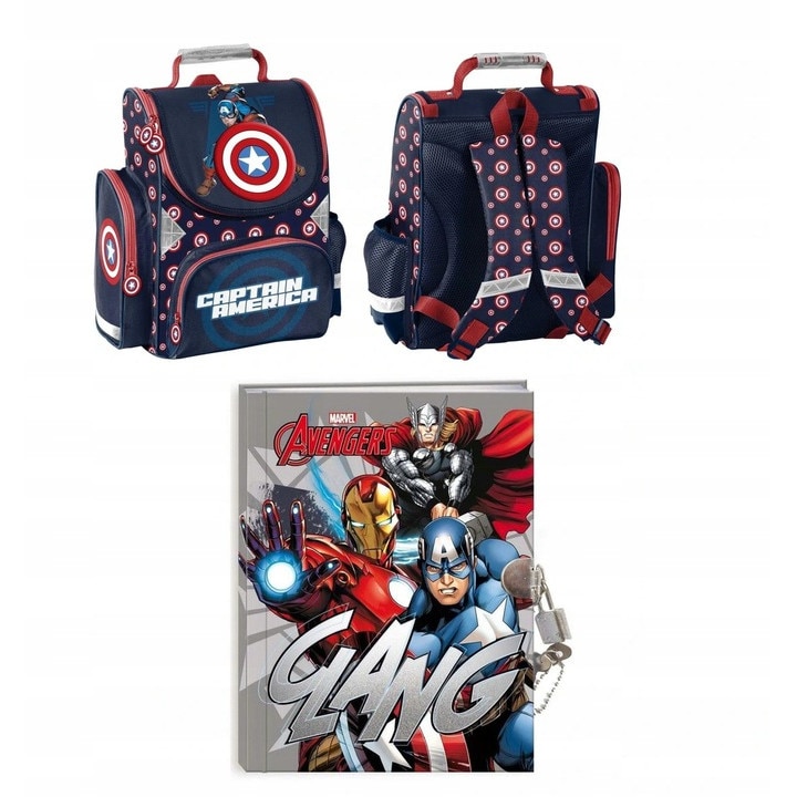 Set ghiozdan scoala captain america, Caiet de notite si pix, multicolor